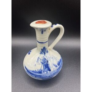 Miniature Delft Ceramic Hand Painted Pitching Jug w/‎ Handle - 3.5" Tall